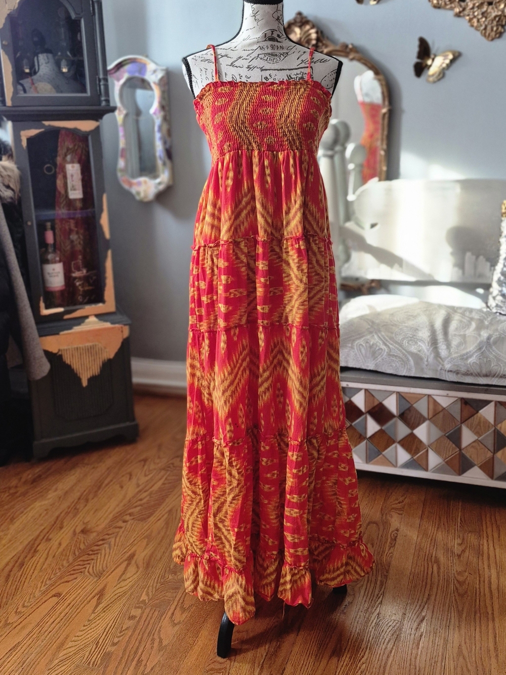 Cache 70s Vibe Boho Red and Yellow Tie-Dye Smocked Maxi Dress Medium